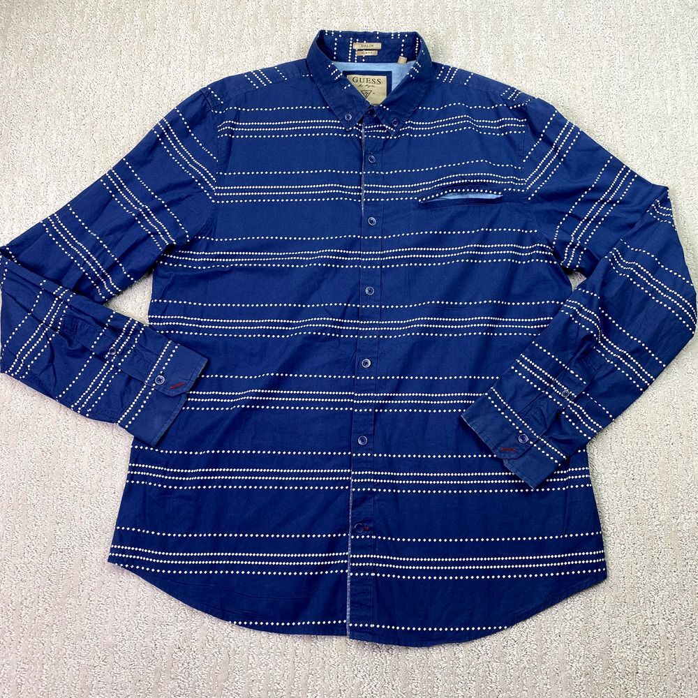 Guess Dillon Shirt Adult Extra Large XL‎ Blue Stripe Slim Fit Long Sleeve*